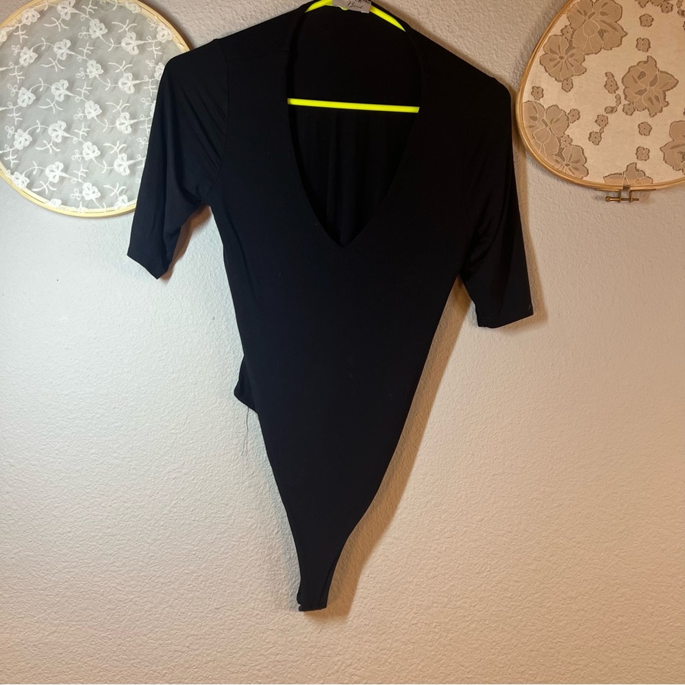 Deep V Black Bodysuit